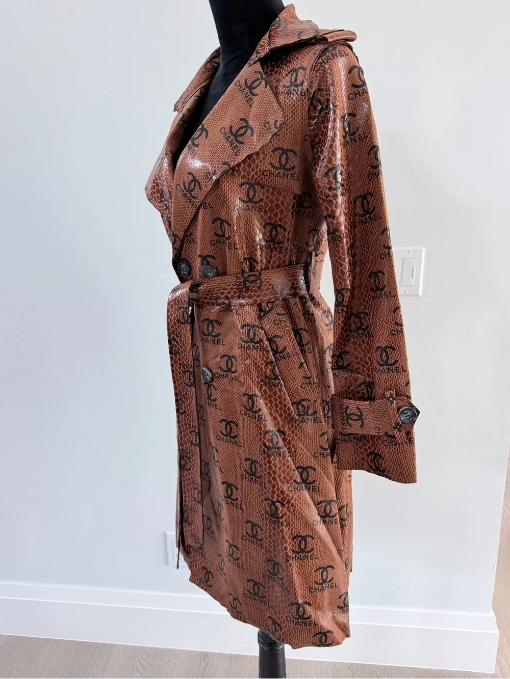 Gorgeous Faux Leather Brown Logo-Print Trench Coat size S